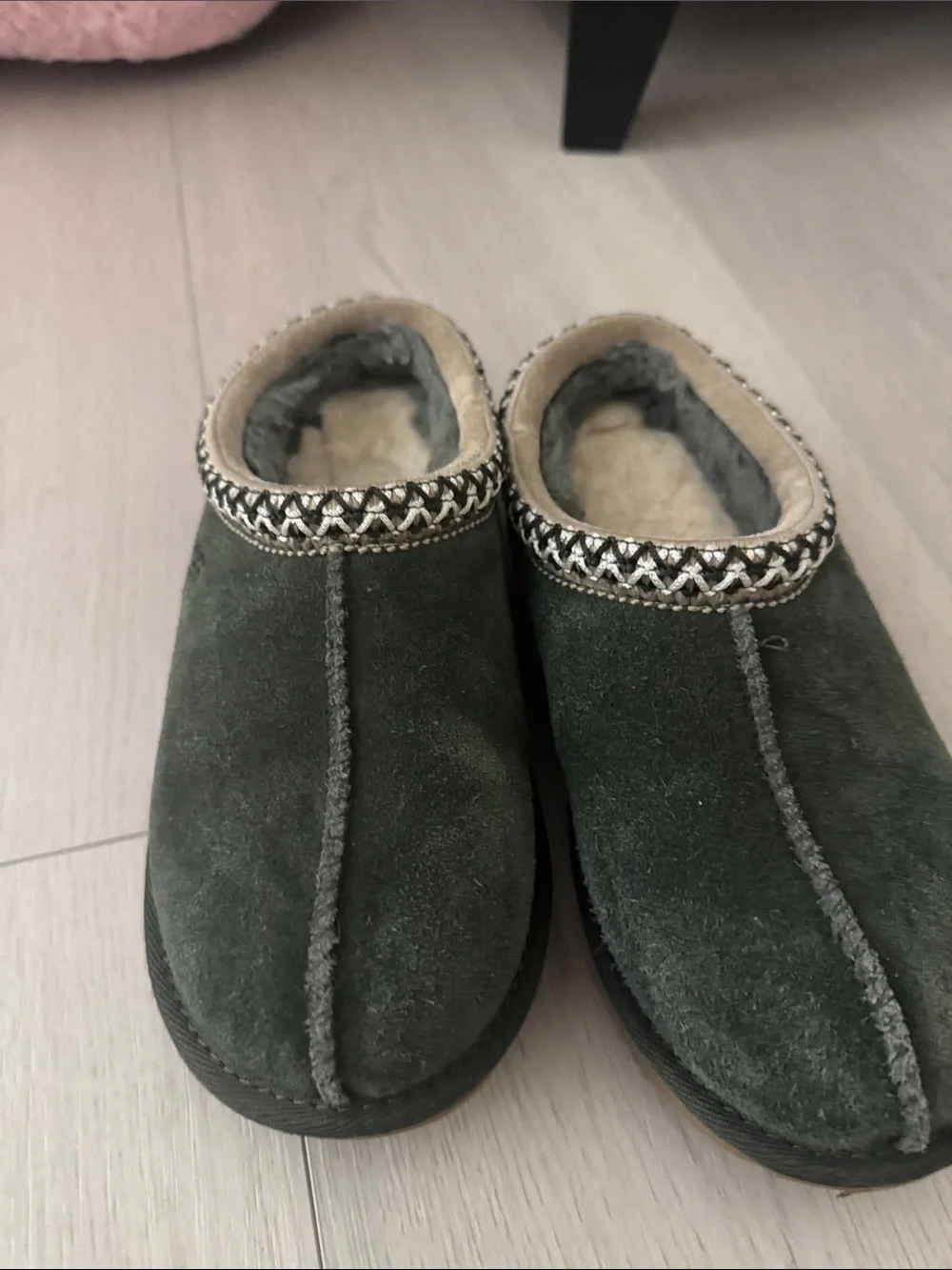 UGG Kids Green Suede Shearling-Lined Slip-On Slippers